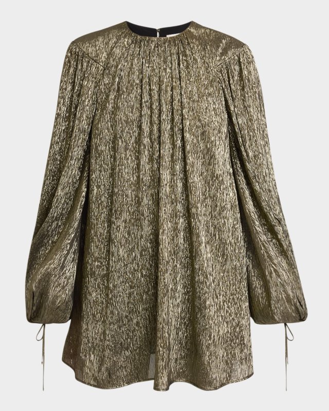 Balloon-Sleeve Metallic Silk Mini Dress